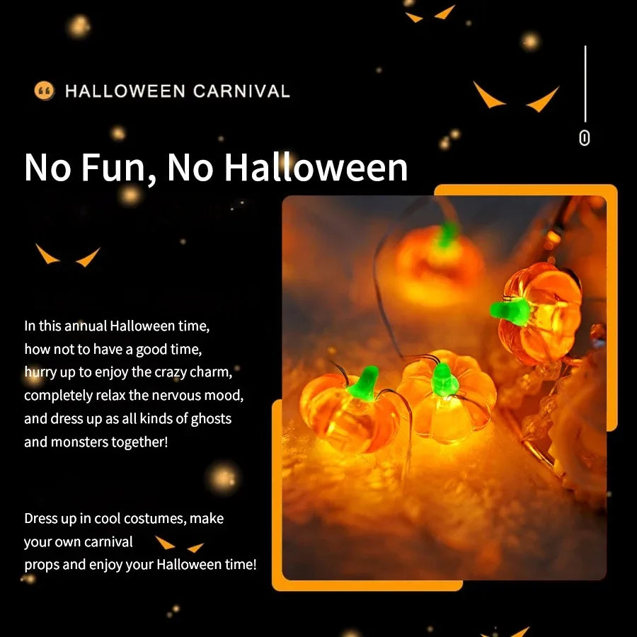Guirlande LED PumpkiLights | Décoration de citrouille d'Halloween | 10/20/30 LEDs | 1–3 m | Fonctionne sur piles