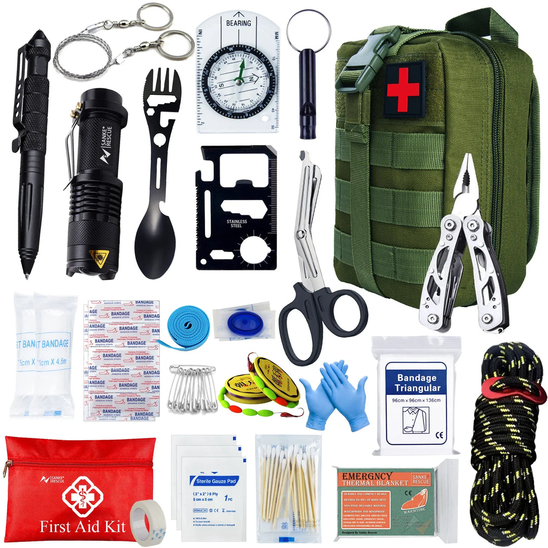 Survivora24 Kit de secours | Kit de survie en plein air de 24 pièces avec équipement de premiers secours | Pour la randonnée, le camping, la protection en cas de catastrophe et les aventures