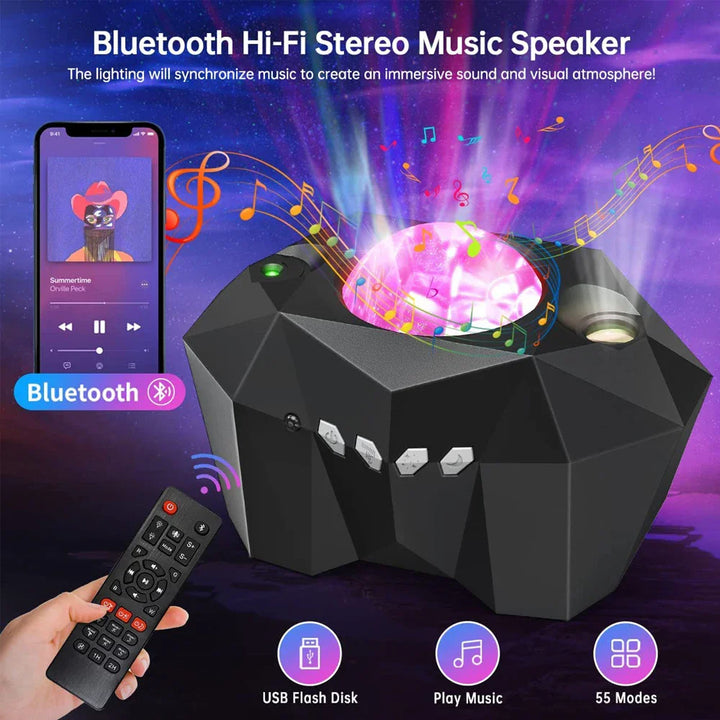 Projecteur Auralis Ciel Étoilé | 3-en-1 Aurore, Étoiles & Lune | Musique Bluetooth & Télécommande | Veilleuse avec Minuteur