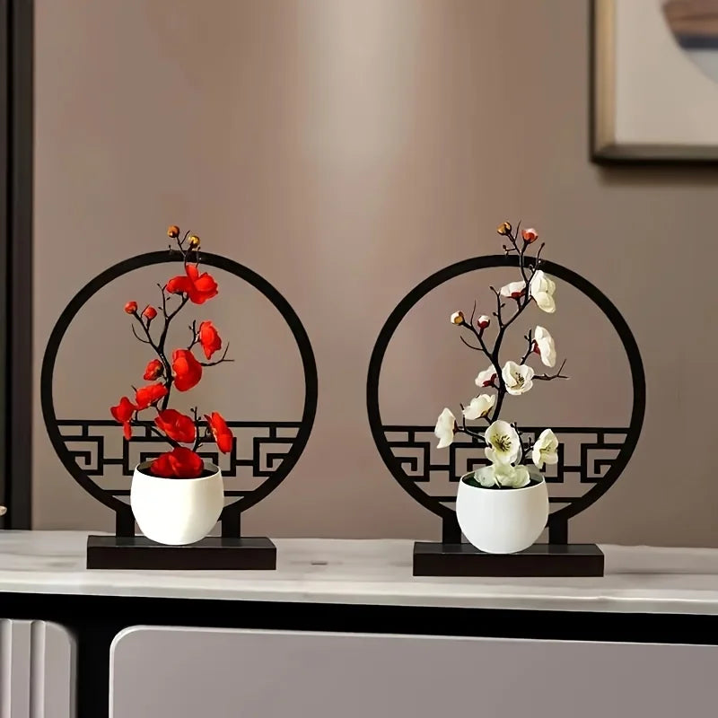 Kunst-Bonsai Prunus Élégance | Design de fleurs de prunier | Avec socle décoratif en paravent | 32 cm décoration de table