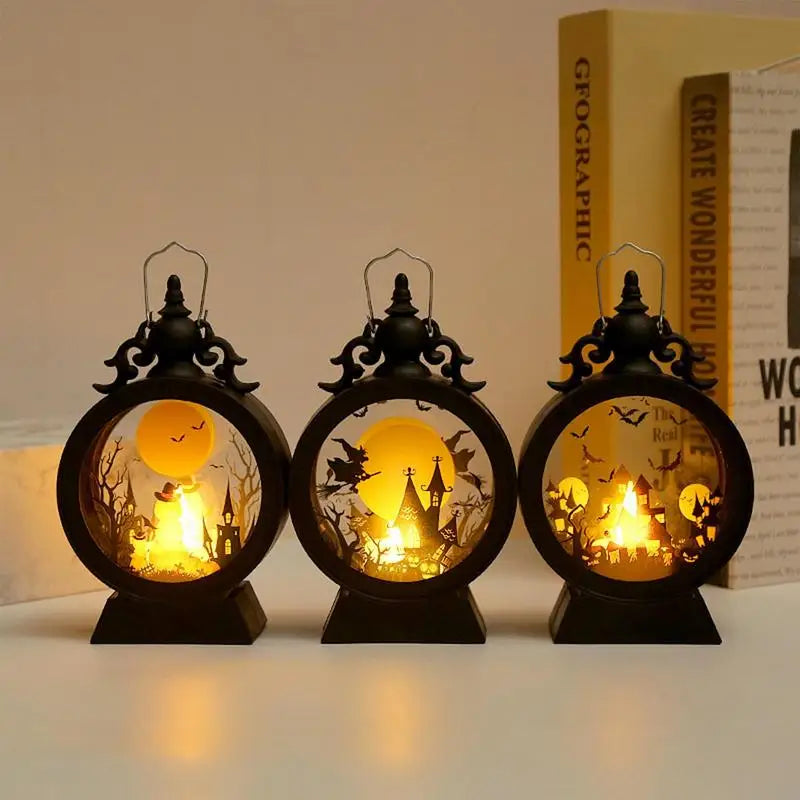 Hexenlicht | Lampe LED Halloween | Château gothique avec citrouille et sorcière | Lumière d'ambiance chaude