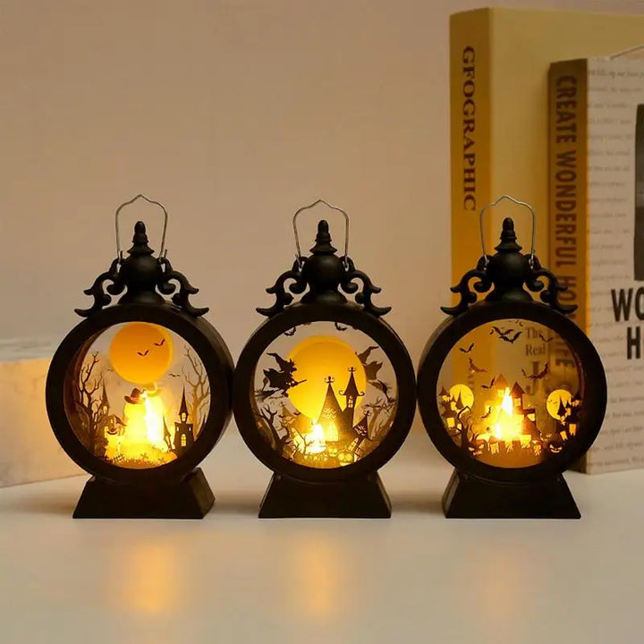 Hexenlicht | Lampe LED Halloween | Château gothique avec citrouille et sorcière | Lumière d'ambiance chaude
