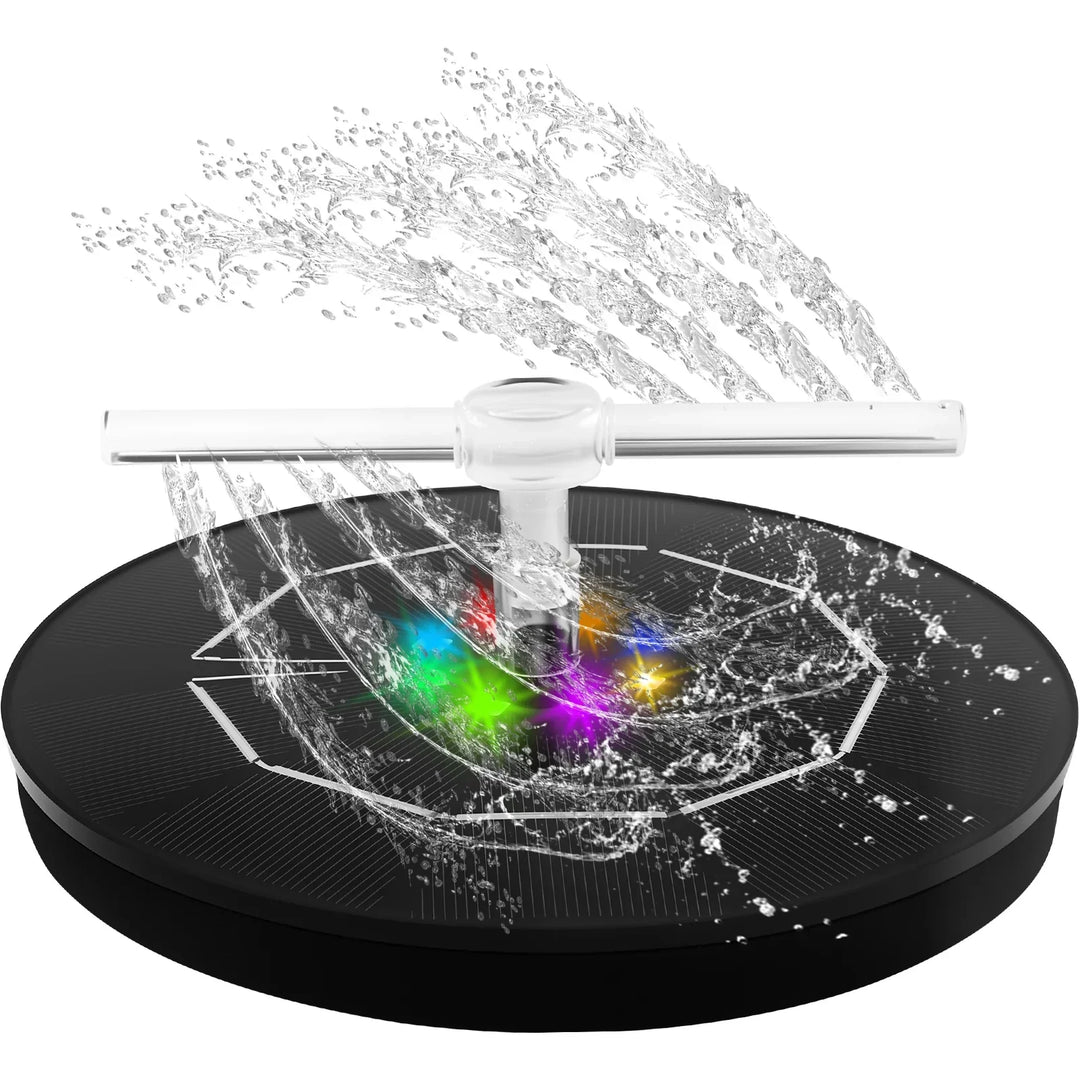 AquaLume Fontaine Solaire | Fontaine solaire 3W avec jeu de lumières LED | Jusqu'à 60 cm de hauteur de jet | 7 buses interchangeables