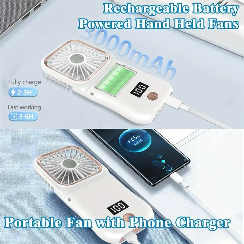 Airlio Ventilateur USB Pliable 3000mAh | Refroidisseur d'air à 4 vitesses | Ventilateur à main, de table & de cou | Fonction Powerbank | Pivote à 180°