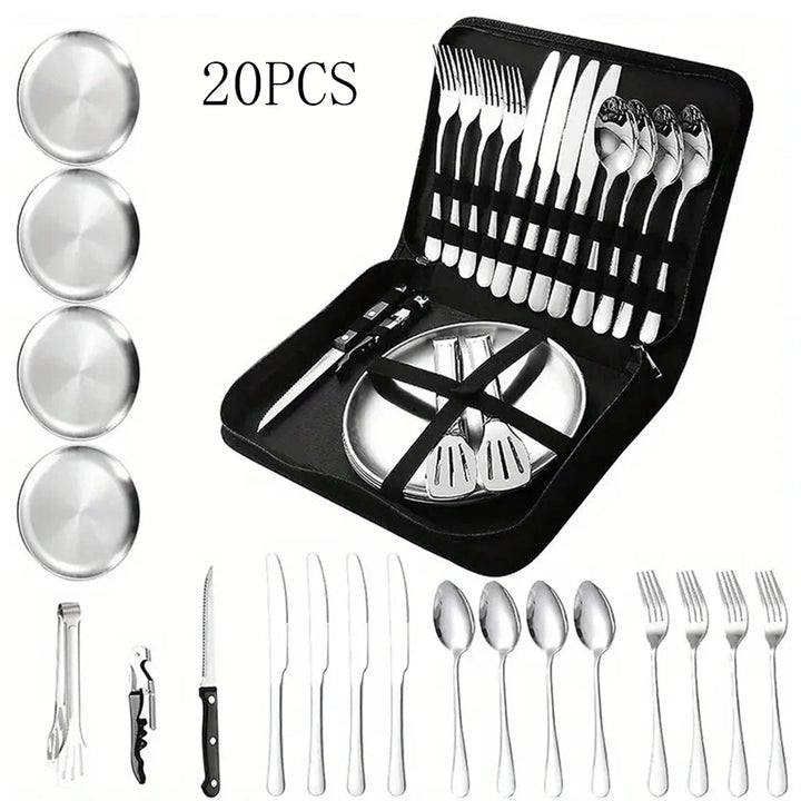 Set de couverts de camping Silviora Gear | 10/20 pièces | Acier inoxydable | Pour extérieur, pique-nique et voyages