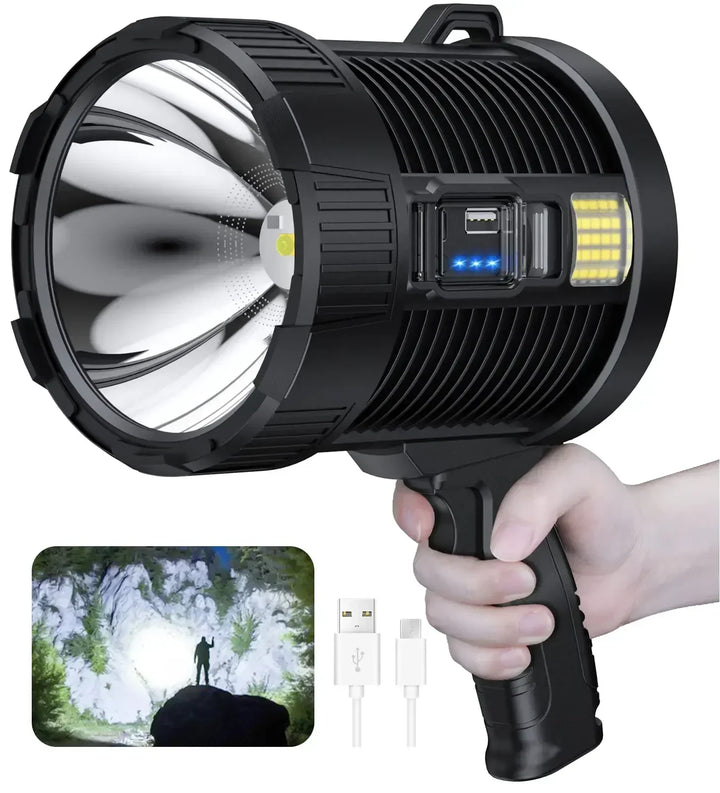 Lampe de poche LuminexPro 900K | 900.000 Lumens | Batterie 10000 mAh | Fonction de charge solaire & USB | Étanche IPX5