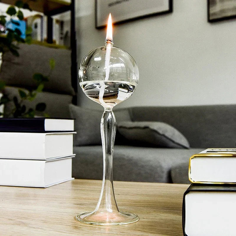 VetroLuce Lampe à huile | Forme sphérique avec pied haut | Verre borosilicate transparent | 21–25,5 cm