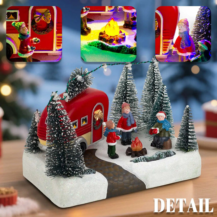Figurine de Noël HolidayCamper | Scène de camping LED avec musique | Maison décorative de Noël avec enfants et feu de camp | Fonctionne sur piles