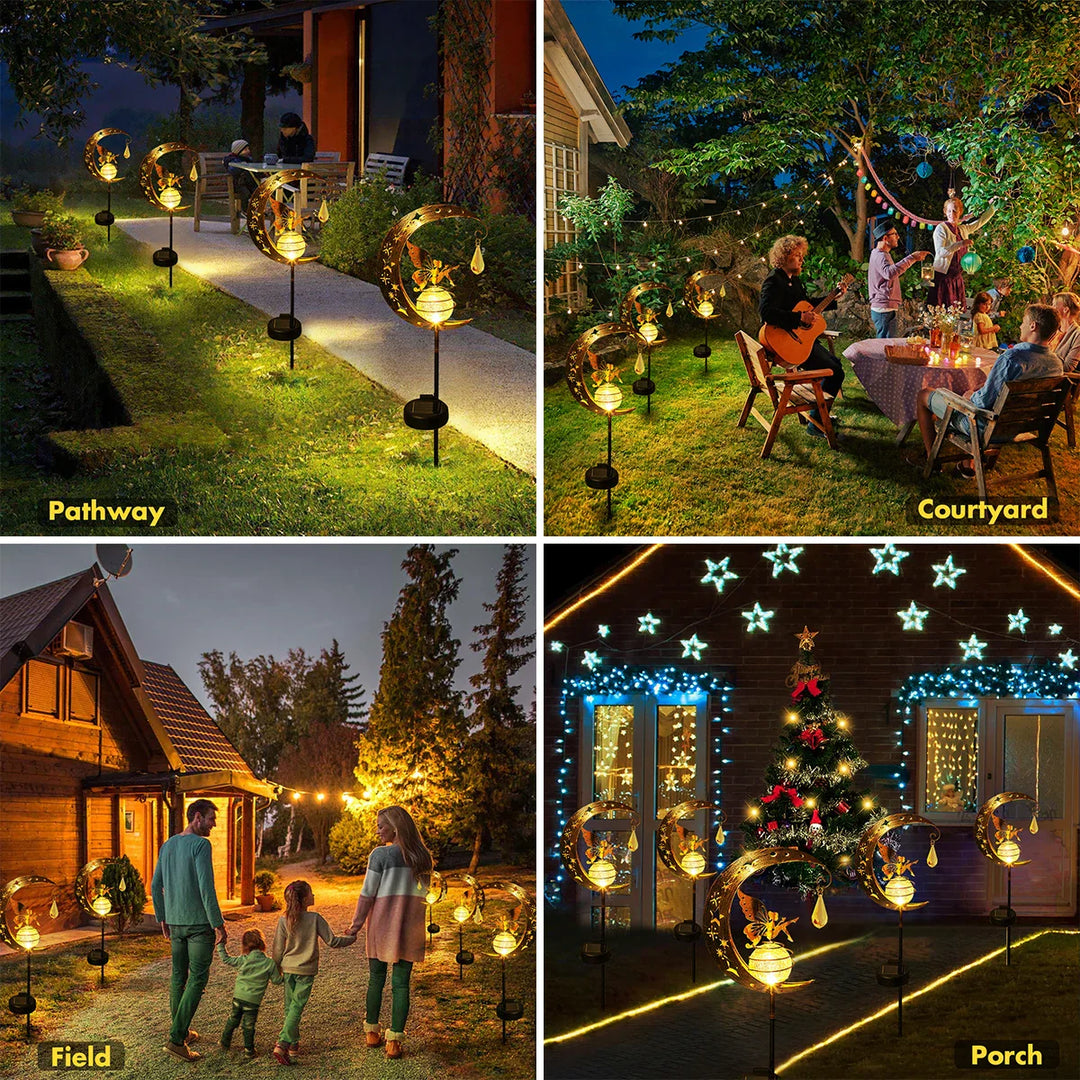 Lunafeya Lampe de jardin solaire avec Lune & Fée | Boule en verre fissuré | Étanche IP55 | Décoration romantique pour chemin & parterre