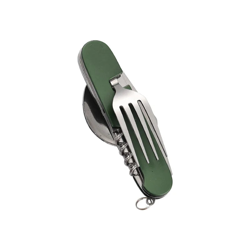 Set de couverts 4-en-1 Camplico pour extérieur | Cuillère, fourchette, couteau & décapsuleur pliables | Acier inoxydable & compact | Pour le camping & les voyages