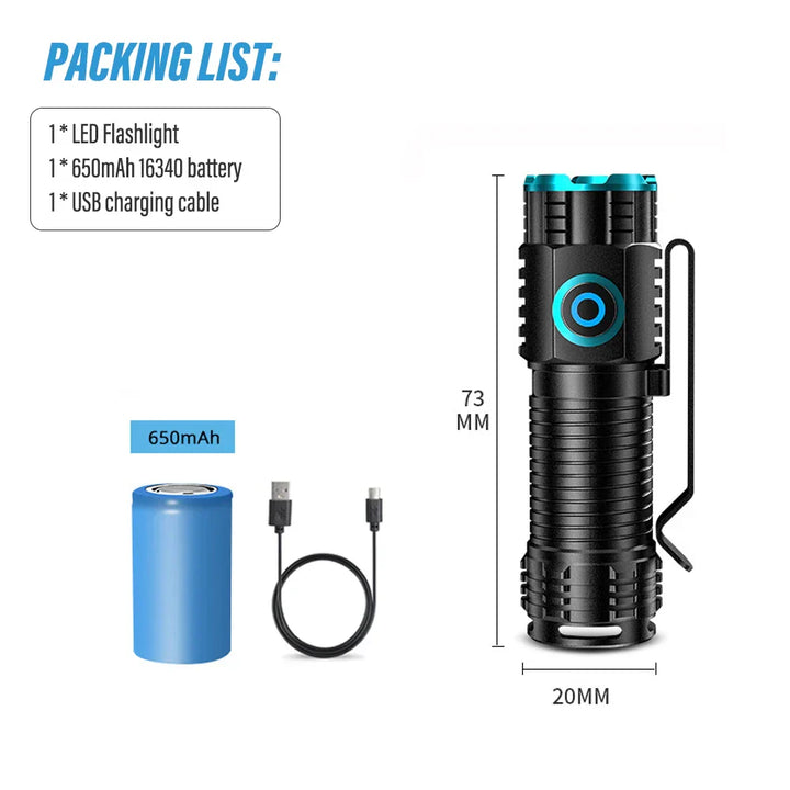 Lampe de poche LED LumiXPro S-359 | Mini XHP50 | Magnétique & Rechargeable | 1000 Lumens | USB & Fonction Clip