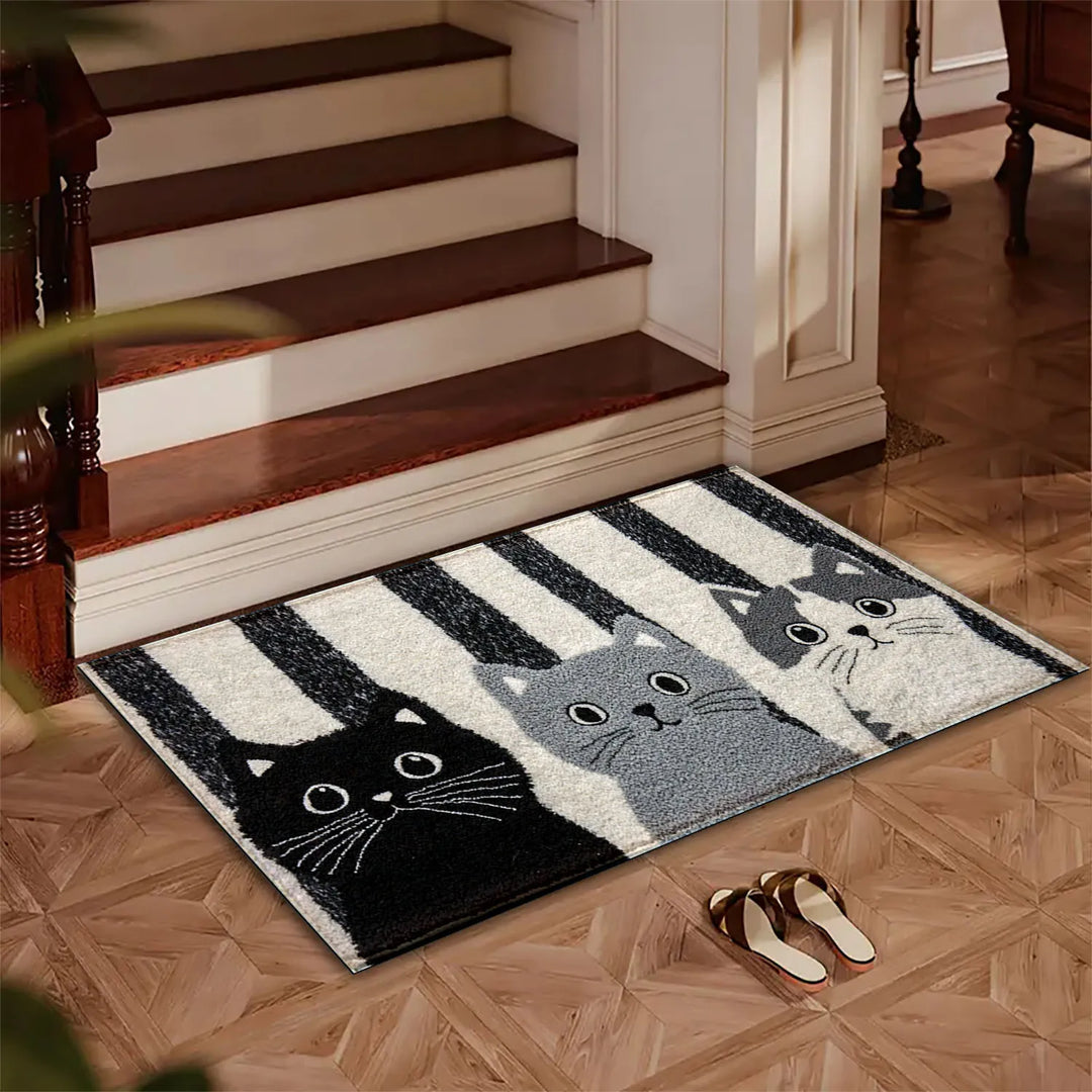 Tapis pour Chats Miyono | Doux & Imperméable | Tapis antidérapant avec motifs rayés & chats en cartoon | Pour chambre, couloir & salon