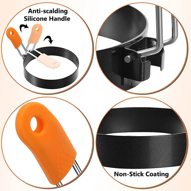 Cookova Moule à œufs et pancakes en silicone avec poignée en acier inoxydable | Antiadhésif & Résistant à la chaleur | Pour œufs, pancakes & plus | Ø environ 9 cm