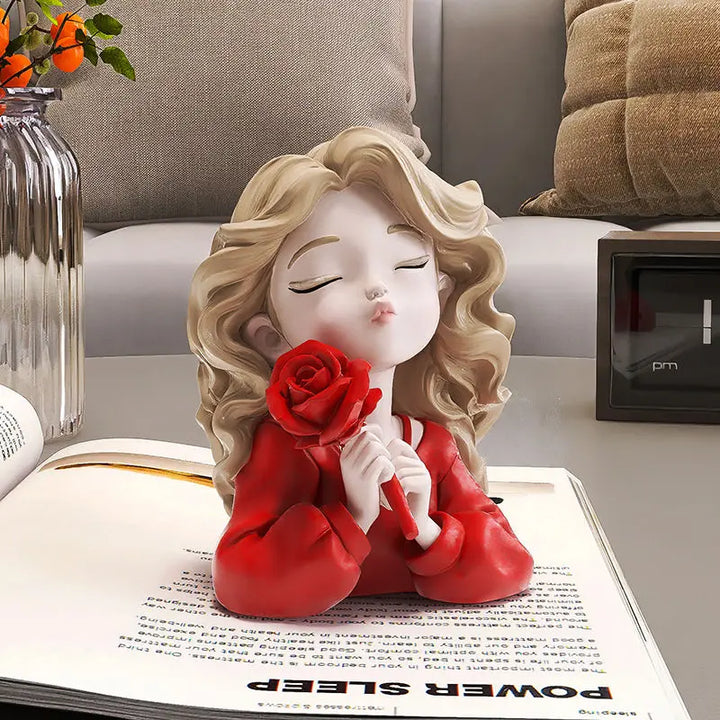 Florina Grace | Figurine décorative fille avec fleur | Statue en résine | Accessoire de maison élégant & idée cadeau