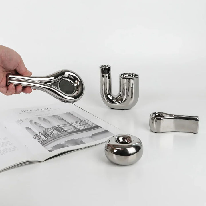 LUXORA Porte-bougie | Forme cylindrique | Argenté | Décoration moderne en céramique
