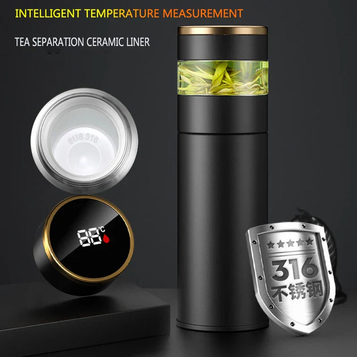 ThermoBrew | Bouteille isotherme avec affichage de température LED & infuseur à thé | 450 ml | Acier inoxydable 304 | Noir