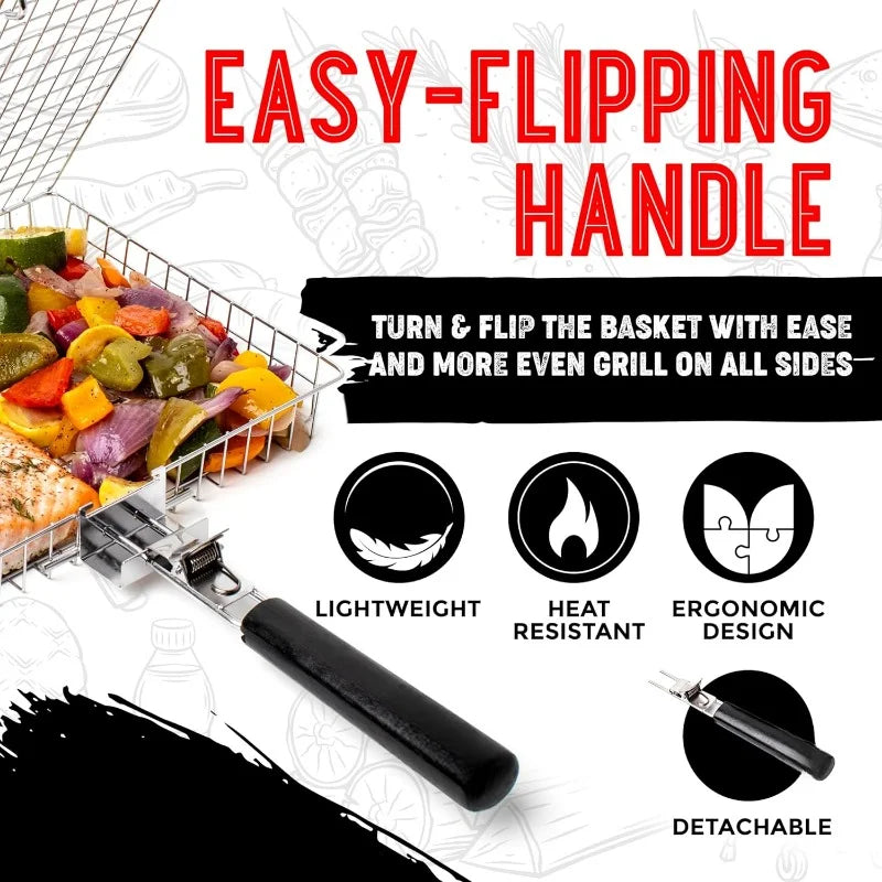 BBQGrid | Grille de barbecue portable avec poignée | Idéal pour le poisson, les légumes et les crevettes | Acier inoxydable