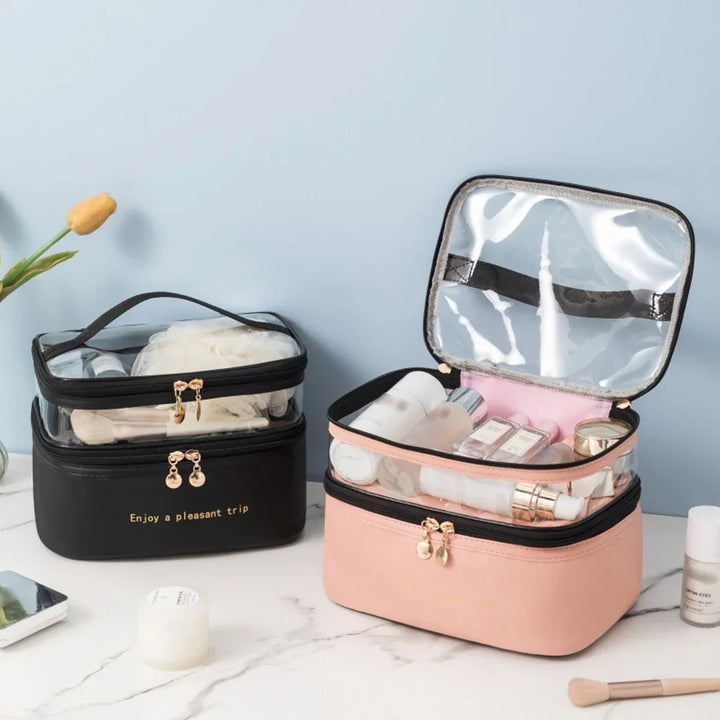 Trousse de maquillage Lunavie | Double couche & Imperméable | Grande capacité | Couvercle transparent