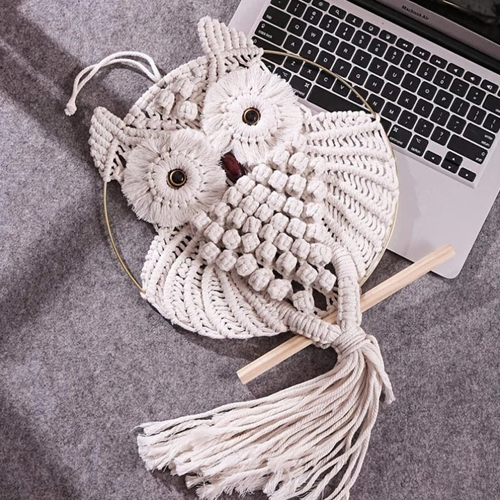 Tenture murale en macramé Hibou de Sagesse | Fait main en corde de coton | Décoration Boho | 15×45 cm / 30×80 cm