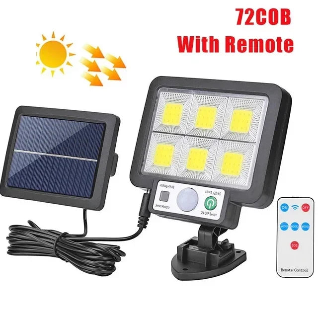 LumoVolt Lumière Solaire avec Détecteur de Mouvement | 72 LED COB | Télécommande & Câble de Panneau Solaire de 5 m | 3 Modes | Résistant aux Intempéries IP65