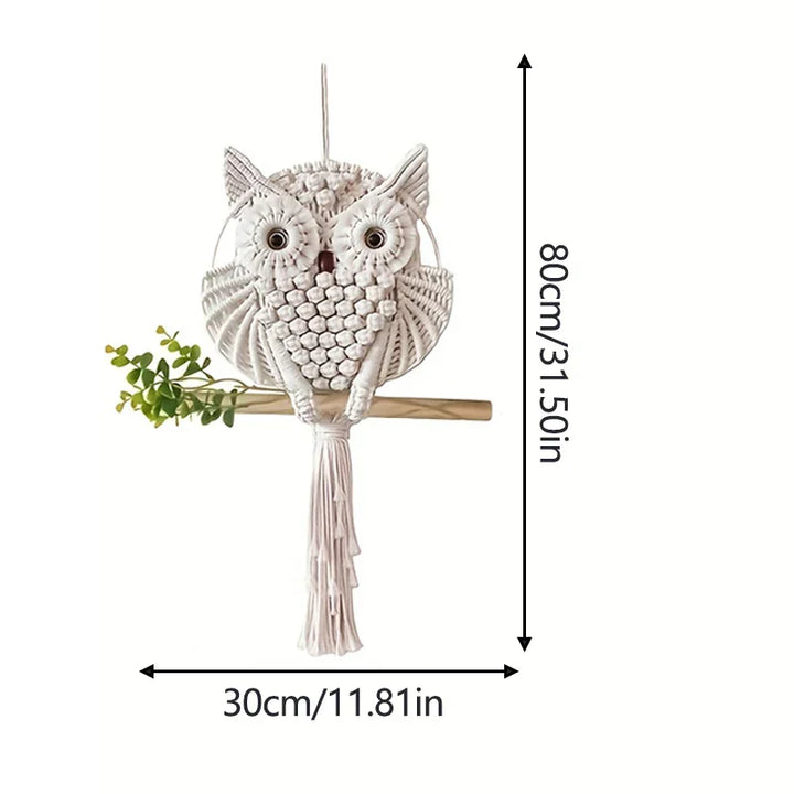 Tenture murale en macramé Hibou de Sagesse | Fait main en corde de coton | Décoration Boho | 15×45 cm / 30×80 cm