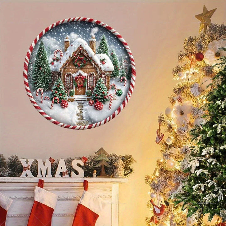 Panneau de Noël en Bois | Suspension Ronde avec Bonhomme de Neige & Père Noël | Décoration de Porte & Mur