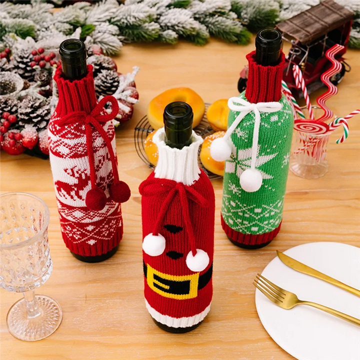 Festivelle Ensemble de 3 Housses de Bouteilles de Noël | Décoration de Bouteilles de Vin Tricotées | Avec Cordon de Serrage | Pour Bouteilles de Vin et de Champagne de 750ml | Polyester