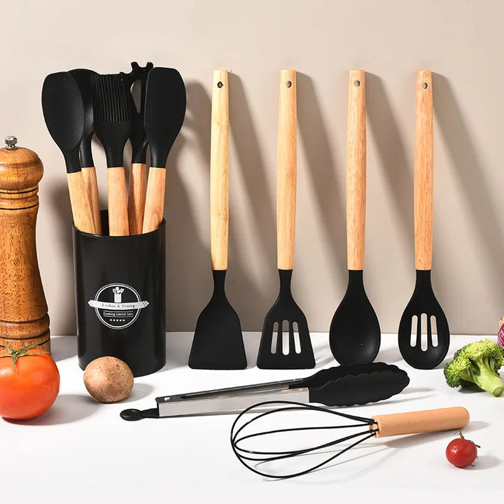 Ensemble d'ustensiles de cuisine en silicone Culinora | Résistant à la chaleur jusqu'à 230 °C | 12 pièces avec poignées en bois | Fouet, spatule, pince & plus