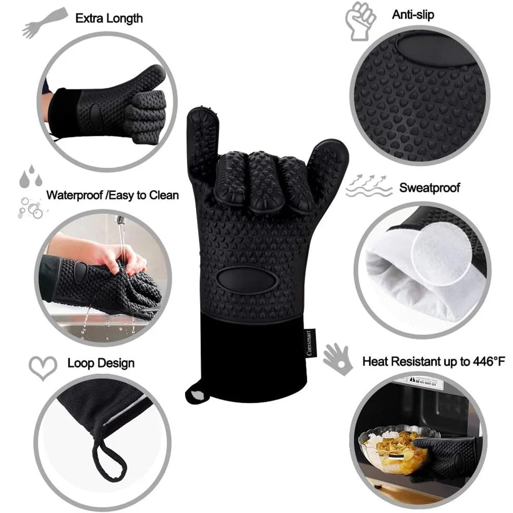 Gants de Grill en Silicone Griptermo | Résistant à la chaleur jusqu'à 260 °C | Antidérapants & Imperméables | Avec doublure en coton
