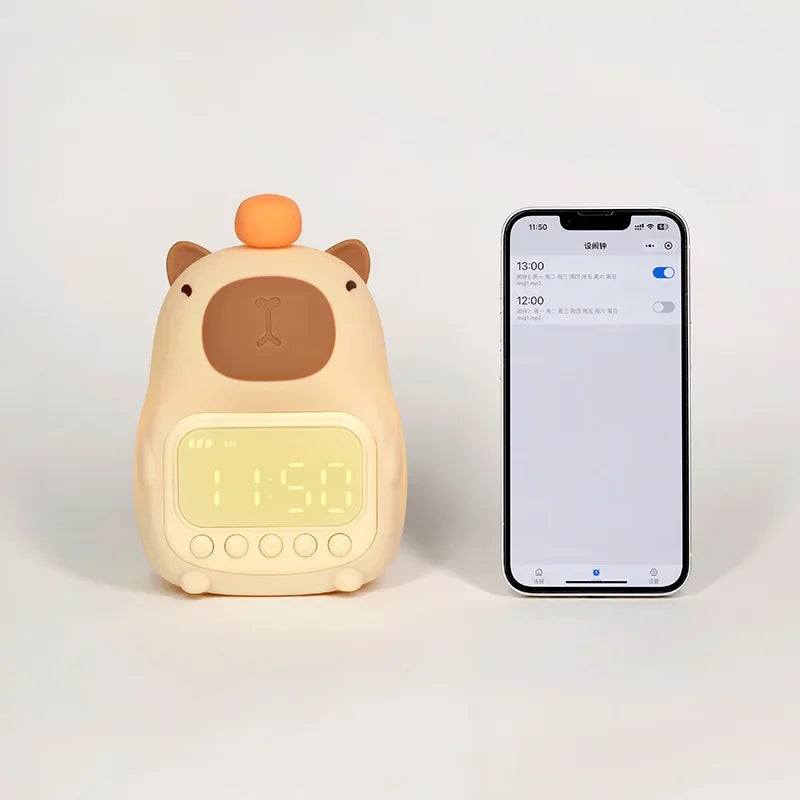 Réveil-lampe de nuit CappyGlow | Design Capybara | Rechargeable par USB 1200 mAh | Double alarme & 30 min. arrêt automatique | Enfants & chambre à coucher