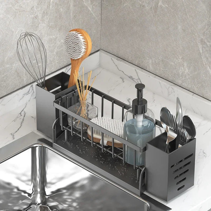 Organisateur de lavabo Ordinaqua | Auto-drainant | Support pour éponge, savon & torchons | Extensible & Hygiénique | Plastique ABS