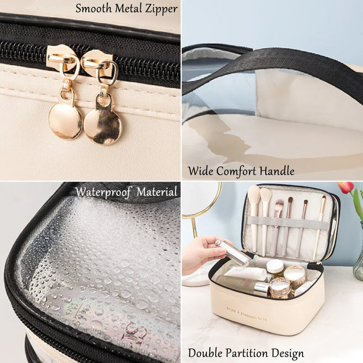 Trousse de maquillage Lunavie | Double couche & Imperméable | Grande capacité | Couvercle transparent