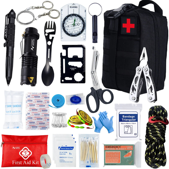 Survivora24 Kit de secours | Kit de survie en plein air de 24 pièces avec équipement de premiers secours | Pour la randonnée, le camping, la protection en cas de catastrophe et les aventures