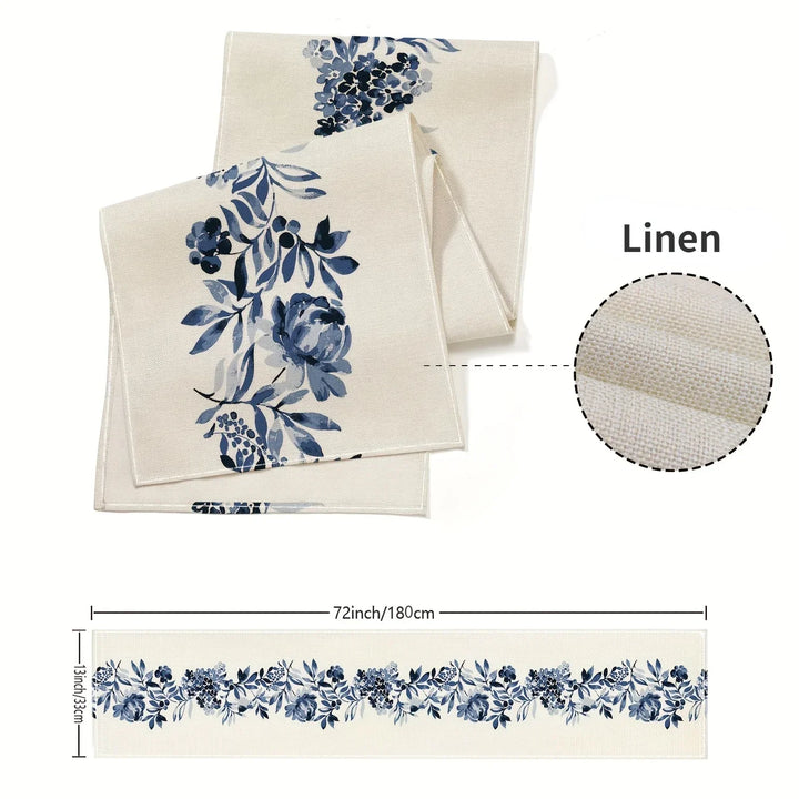 BloomLoom | Chemin de table Boho | Lin avec fleurs bleues | 150–200 × 33 cm