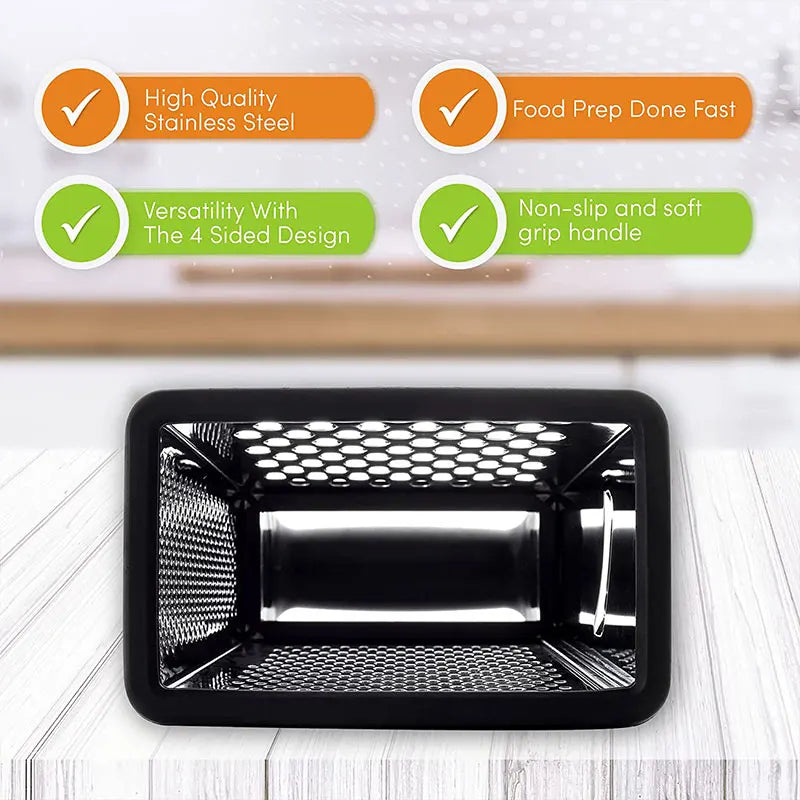 Gratello Râpe de cuisine 4-en-1 avec récipient et couvercle | Acier inoxydable & base antidérapante | Pour fromage, légumes, agrumes & plus | 22 × 11 × 9 cm