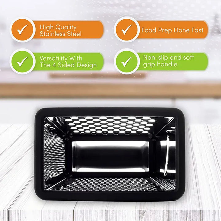 Gratello Râpe de cuisine 4-en-1 avec récipient et couvercle | Acier inoxydable & base antidérapante | Pour fromage, légumes, agrumes & plus | 22 × 11 × 9 cm
