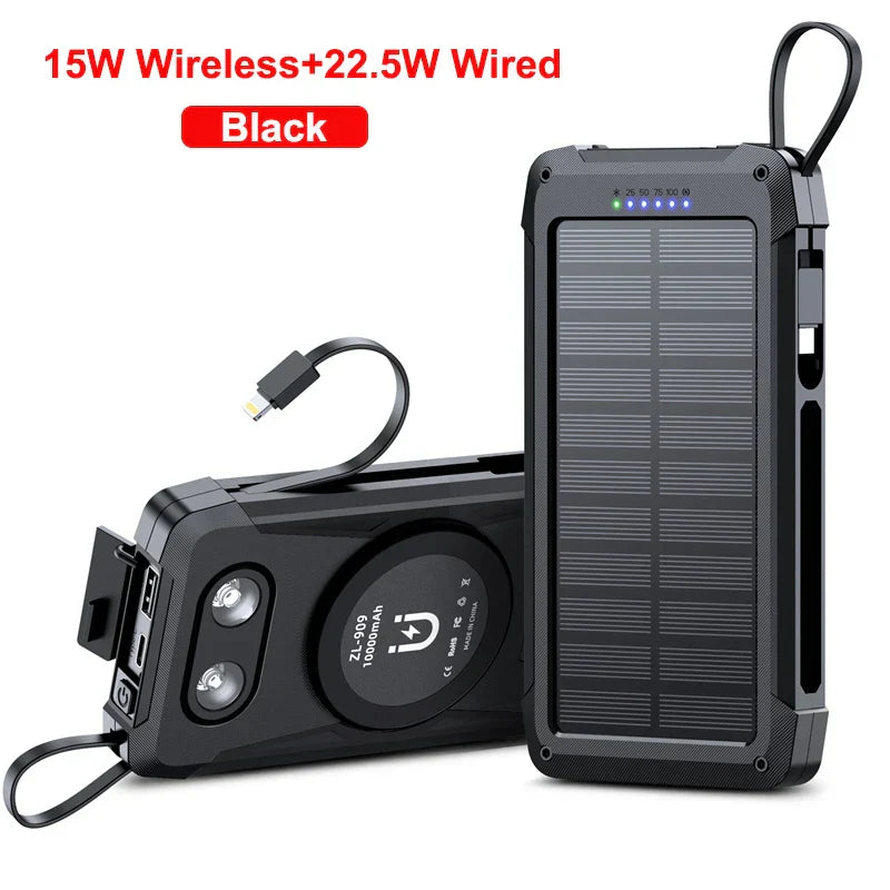Voltaris MagCharge Powerbank Solaire 10000mAh | Charge sans fil magnétique | Fonction de charge rapide 22,5W | Avec câble et lampe de poche | Pour iPhone, Samsung et autres.