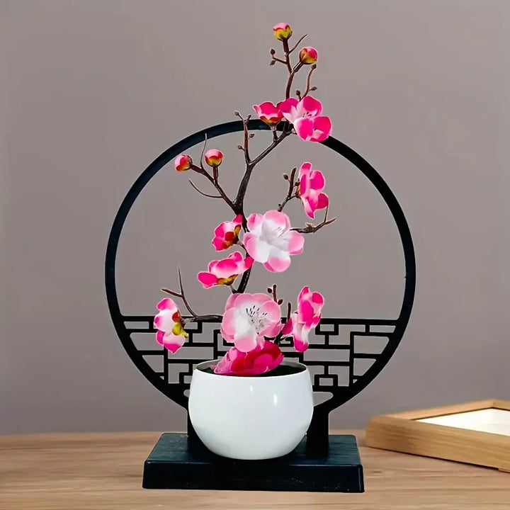 Kunst-Bonsai Prunus Élégance | Design de fleurs de prunier | Avec socle décoratif en paravent | 32 cm décoration de table
