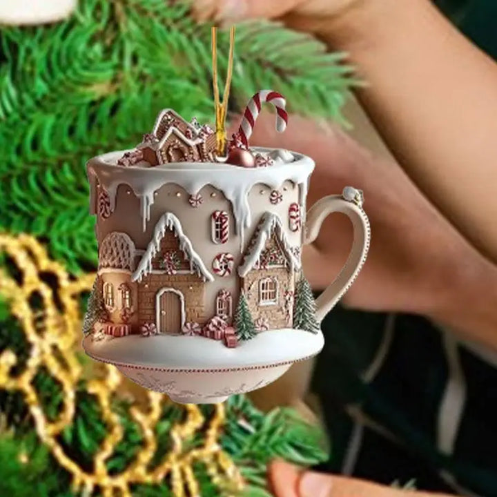 FestivaBrew Décoration de Noël | Ornement en acrylique Tasse à café avec motif d'hiver | Décoration de sapin de Noël durable | 8 × 7 cm