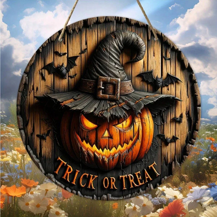 Couronne en bois Halloween rétro PumpkinHollow avec tête de citrouille | Design rétro | Décoration suspendue artisanale pour la maison et le jardin