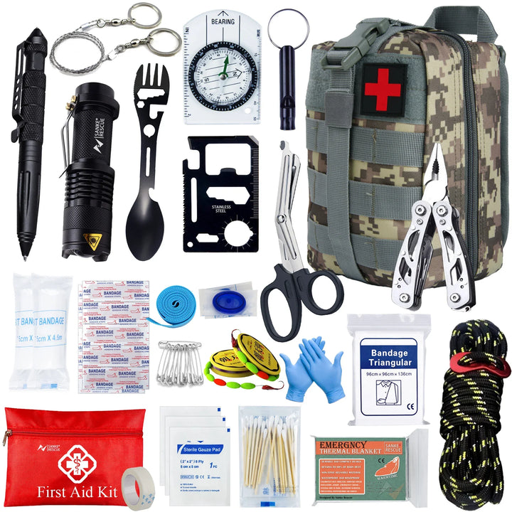 Survivora24 Kit de secours | Kit de survie en plein air de 24 pièces avec équipement de premiers secours | Pour la randonnée, le camping, la protection en cas de catastrophe et les aventures