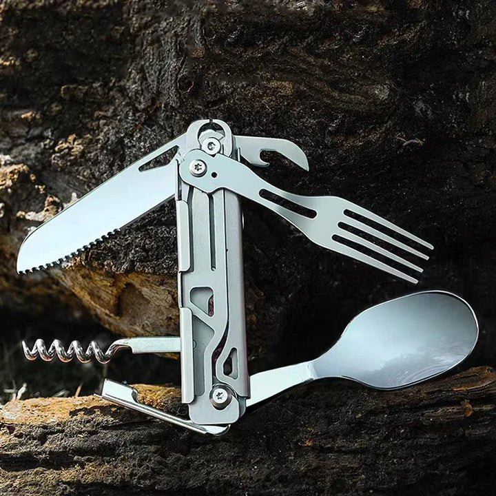GearSpork Couverts de plein air 6-en-1 | Couverts multifonctions pliables en acier inoxydable | Couteau, fourchette, cuillère, ouvre-boîte & ouvre-bouteille | Pour camping & trekking