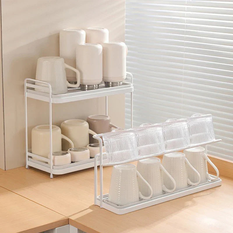 CupEase Organisateur de Tasses 2 niveaux | Avec bac d'égouttage | Étagère de cuisine pour tasses et thermos