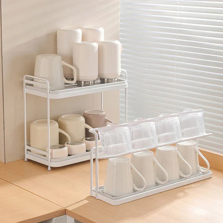 CupEase Organisateur de Tasses 2 niveaux | Avec bac d'égouttage | Étagère de cuisine pour tasses et thermos
