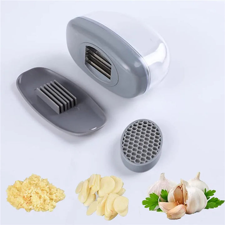 GarliQ Hachoir à Ail 2-en-1 | Trancheuse & Fonction Presse | Lame en Acier Inoxydable & Poignée en Silicone | Lavable au Lave-Vaisselle | 11 × 4,5 × 6,5 cm