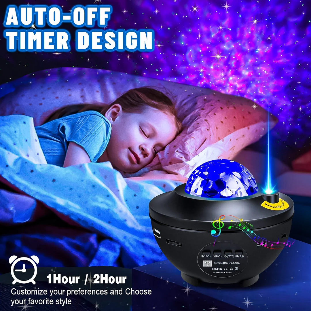 Projecteur d'étoiles GalaxyWave | Lampe de nuit LED & enceinte musicale | Avec Bluetooth & télécommande | Ambiance romantique étoilée & océan