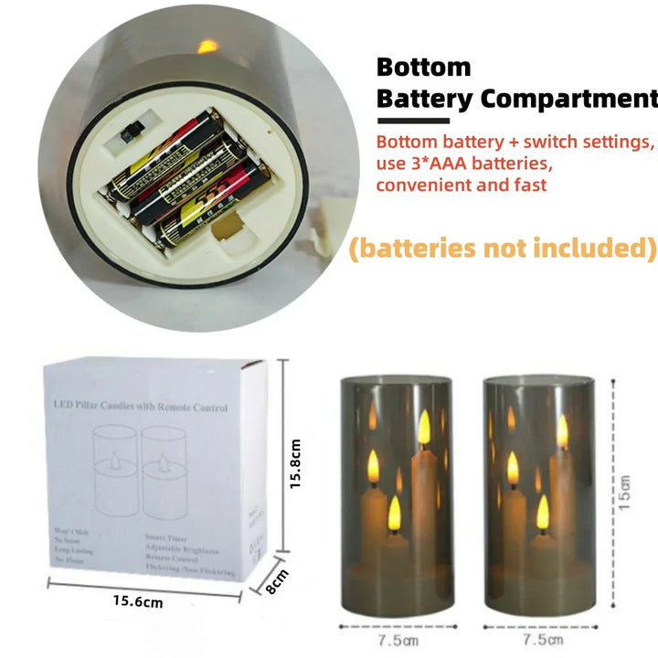 LumièreTrio Bougie LED-Stumpenkerze avec 3 mèches | 7,5 × 15 cm | Télécommande & Minuteur | Lumière chaude vacillante | Design en acrylique