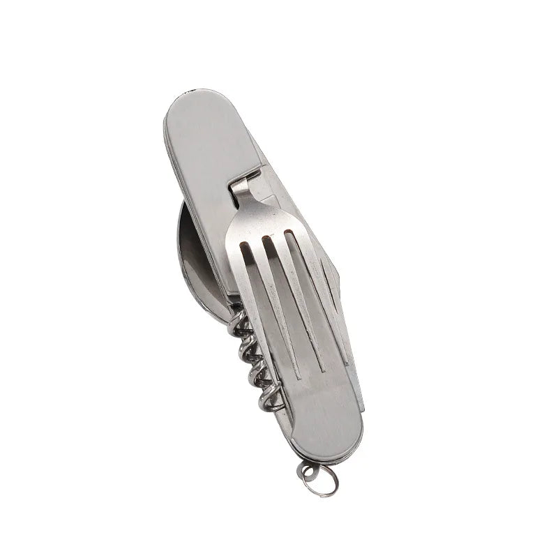 Set de couverts 4-en-1 Camplico pour extérieur | Cuillère, fourchette, couteau & décapsuleur pliables | Acier inoxydable & compact | Pour le camping & les voyages