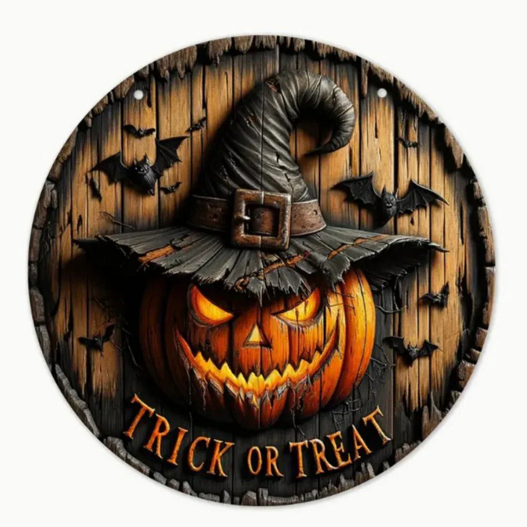 Couronne en bois Halloween rétro PumpkinHollow avec tête de citrouille | Design rétro | Décoration suspendue artisanale pour la maison et le jardin