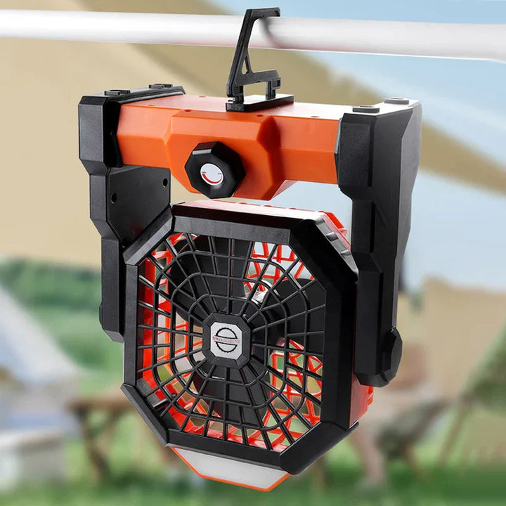 Campora BreezeLight | Ventilateur de camping 2-en-1 avec lampe LED | Batterie de 7800 mAh | Rotatif à 270° | Rechargeable par USB | Pour tente, extérieur & voyages